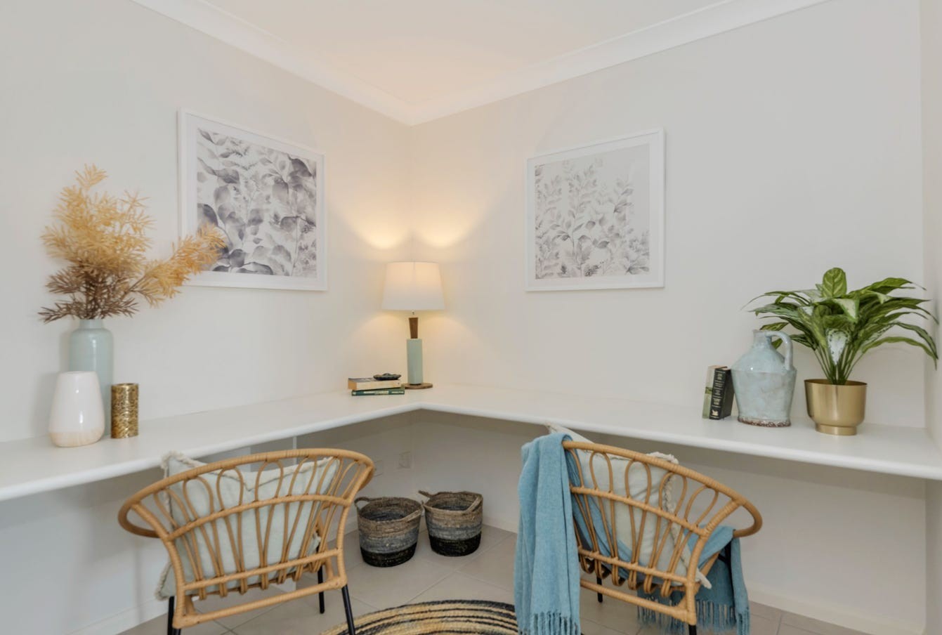 Dedicated study nook with dual workspaces, calming decor, ample lighting, and comfortable seating—supporting focus and creativity, from Australia's leading disability accommodation provider.