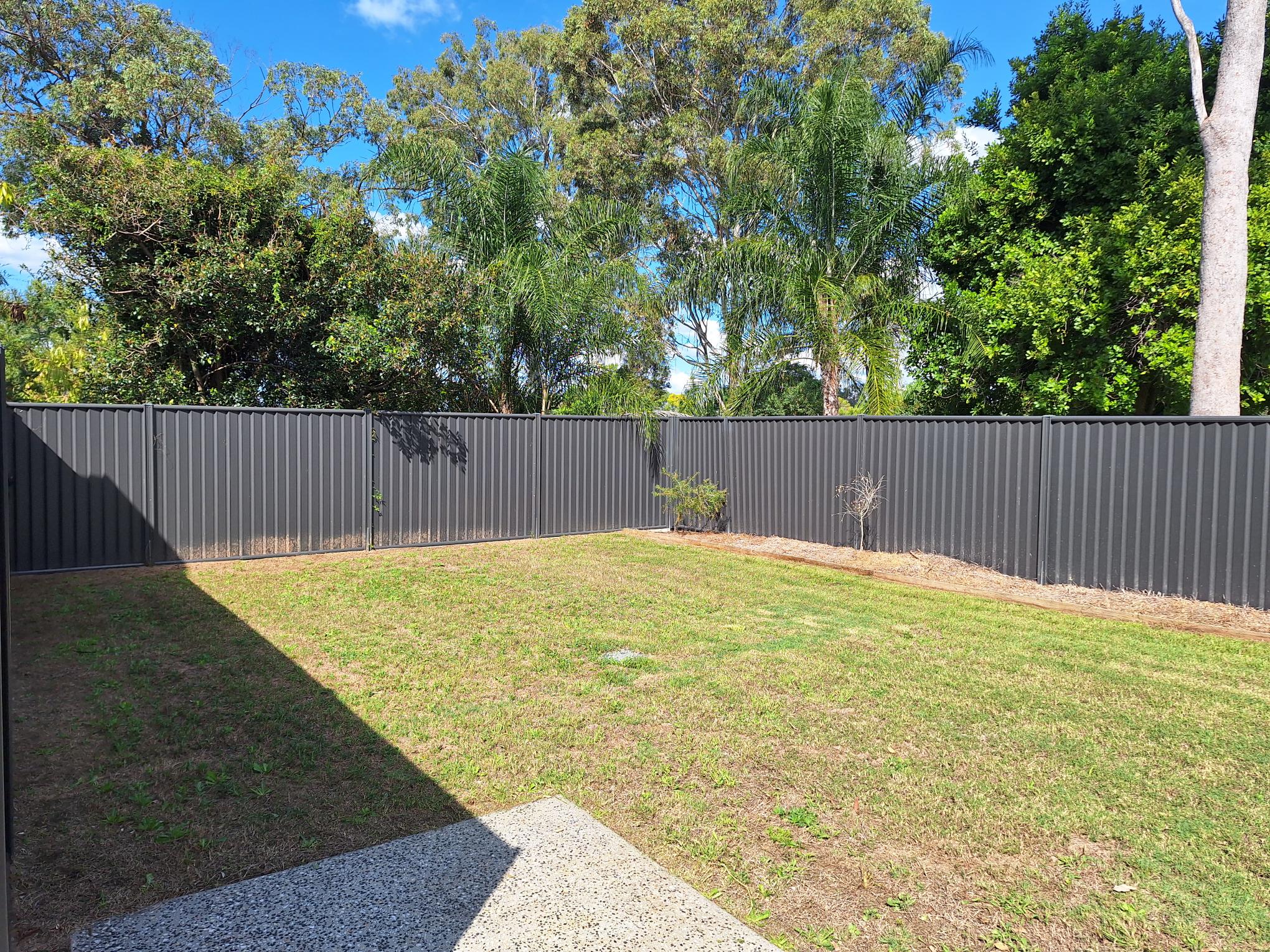 Private, accessible backyard of a SIL in Brand New HPS Villas in Brassall, 14 Hayes St, Brassall Qld 4305, featuring lush lawn, secure fencing, and natural greenery, part of Australia’s leading disability accommodation provider.
