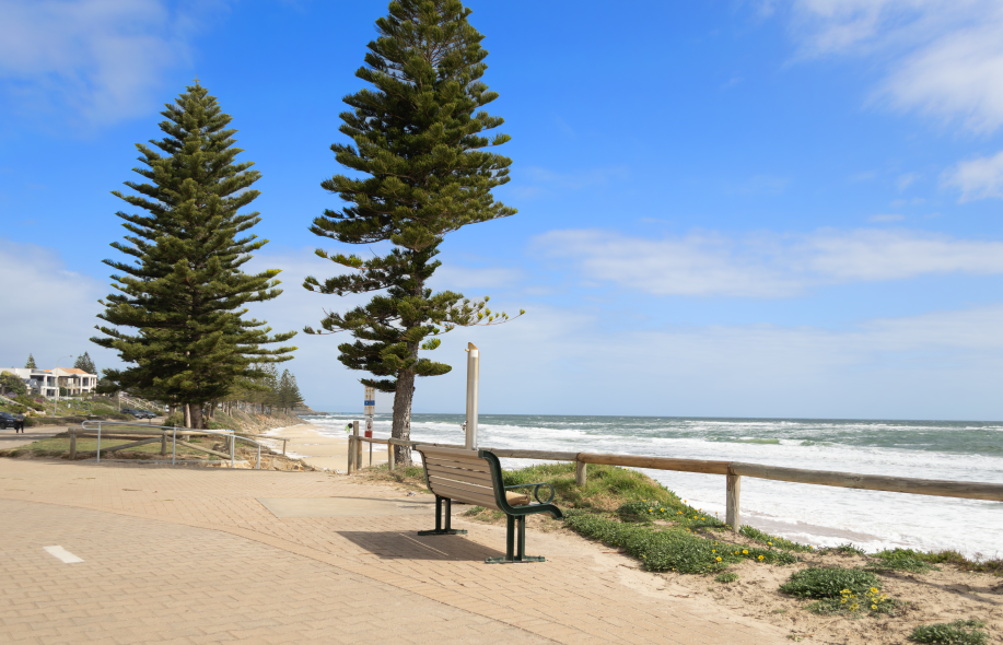 Scenic coastal view near the Beautiful Brand New SDA Home in Christie Beach, featuring a peaceful boardwalk, ocean views, and native pines.