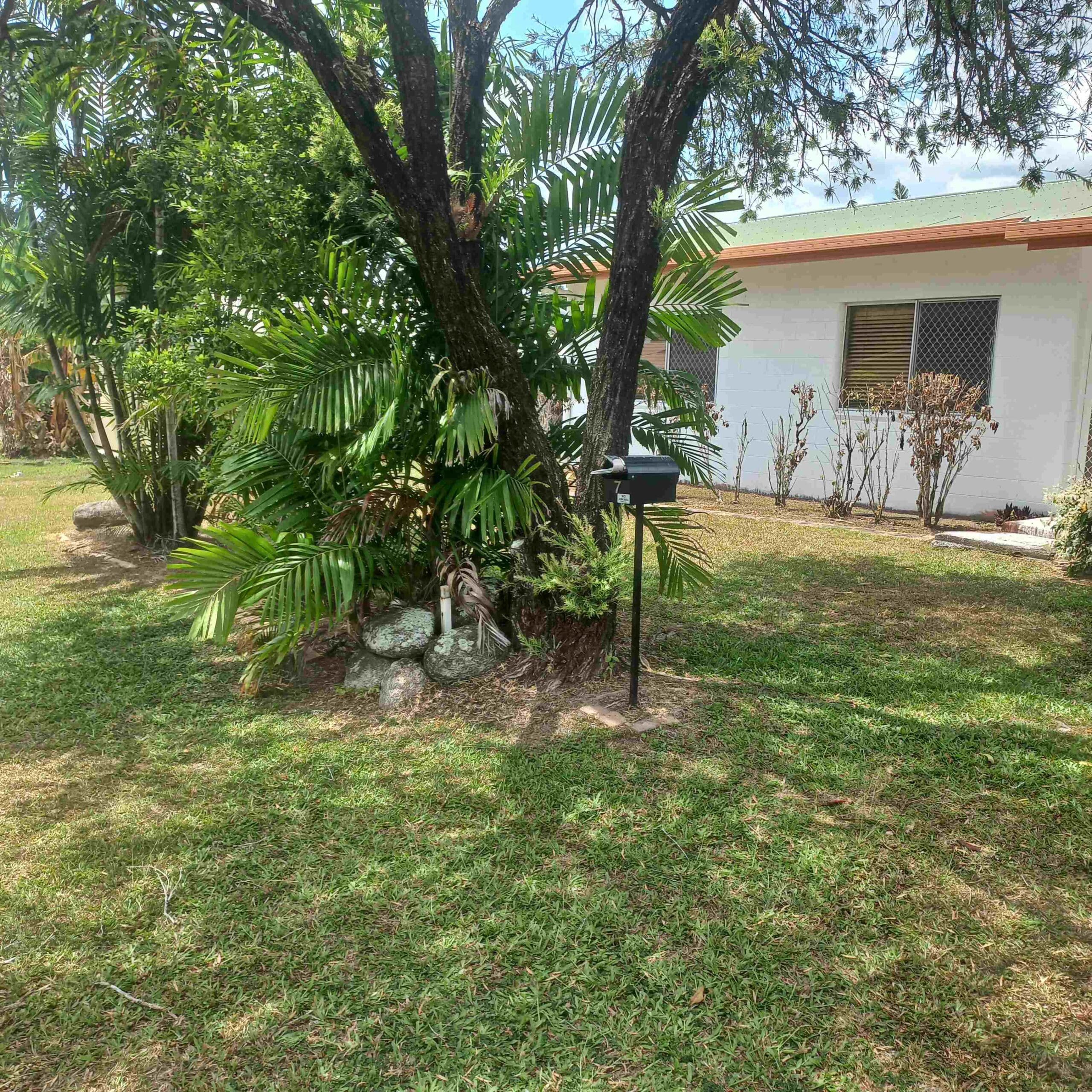 Private, green front yard of a Spacious and Airy SIL home south of Cairns, 7 Royal Saxon Close, Mount Sheridan 4686, featuring mature trees, mailbox, and lush lawn, part of Australia’s leading disability accommodation provider.