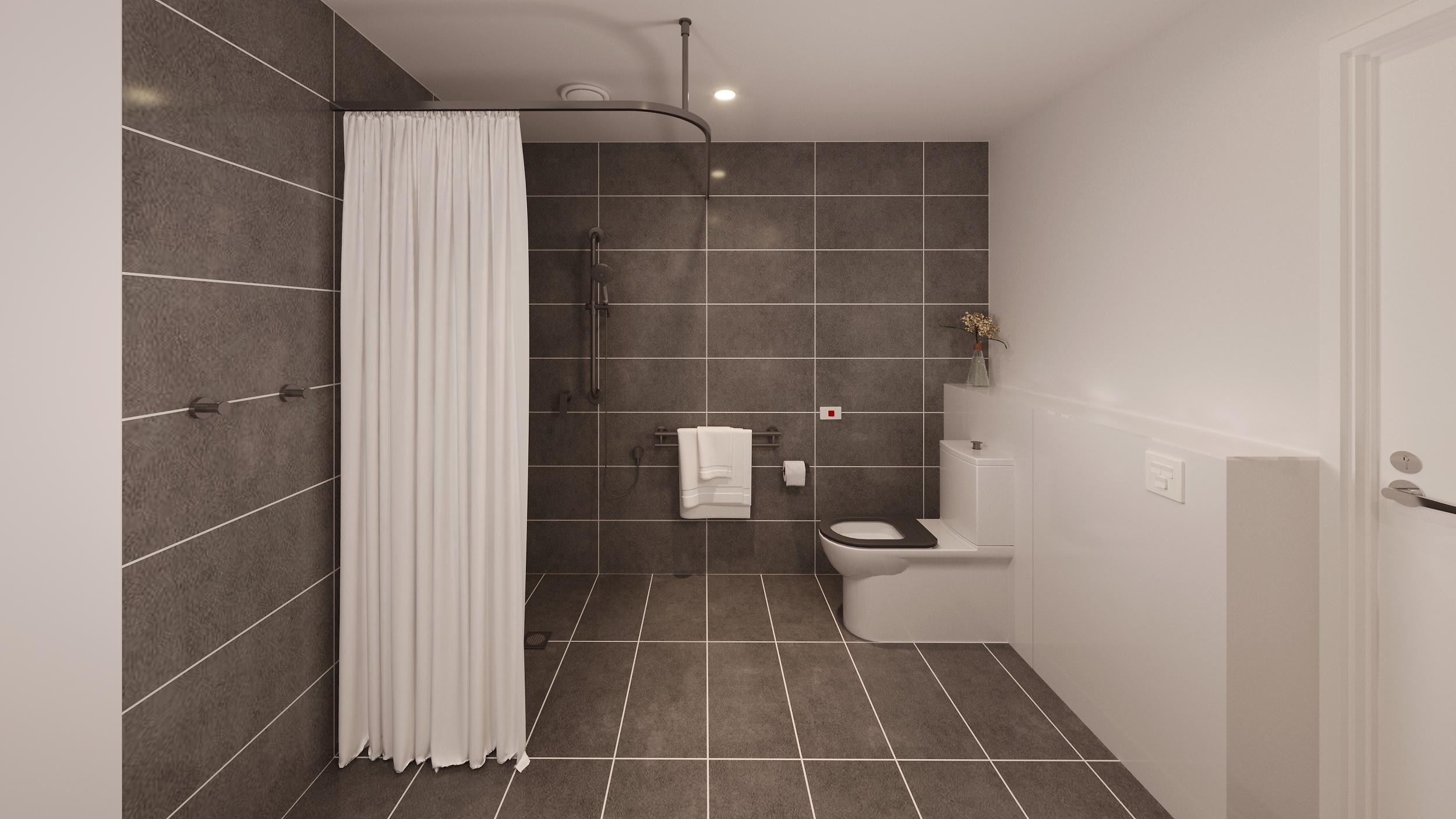Accessible bathroom in Multiple SDA apartments in Malvern with SIL supports, featuring walk-in shower, grab rails, and modern finishes, part of Australia’s leading disability accommodation provider.