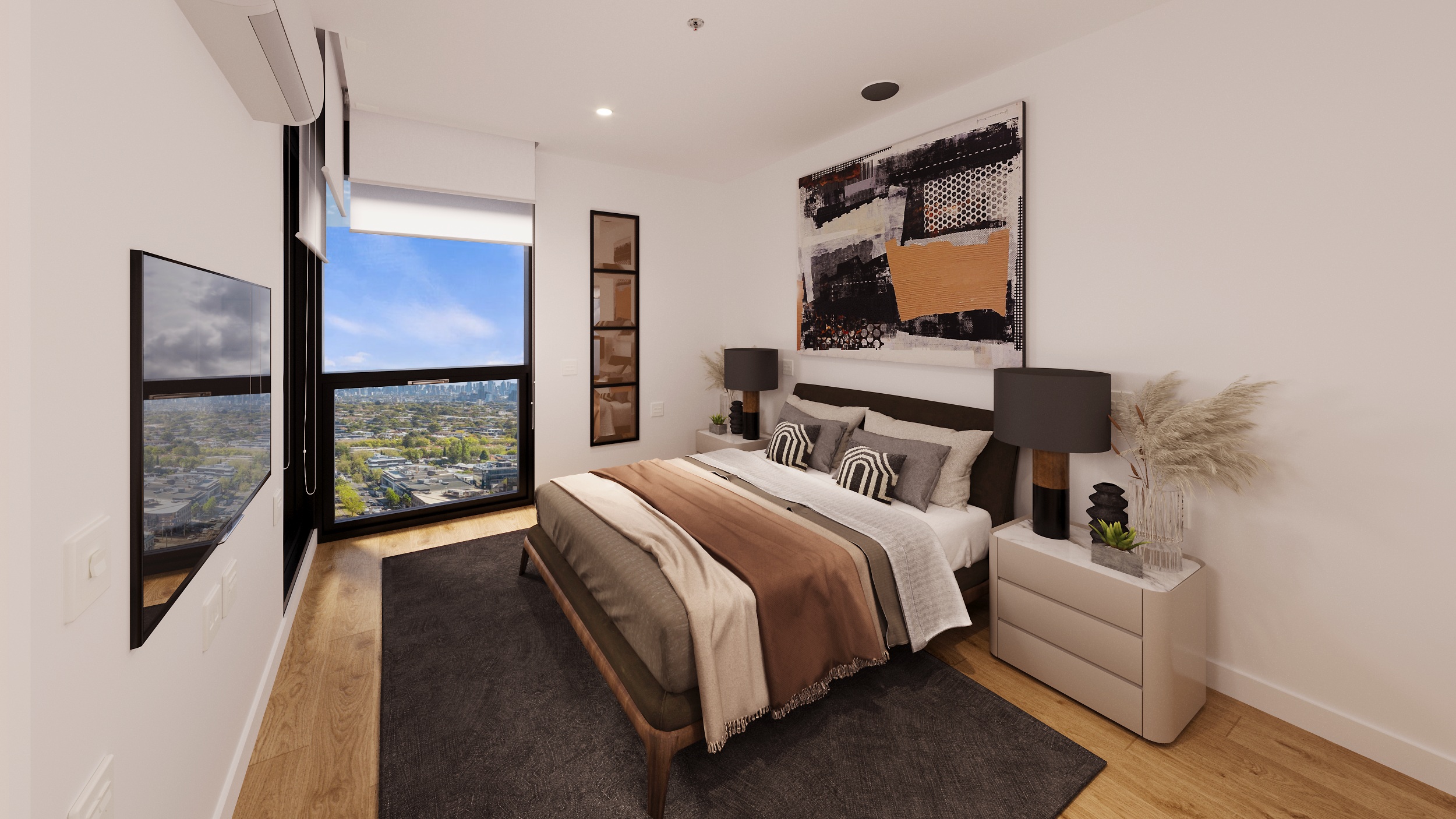 Spacious, accessible bedroom in Multiple SDA apartments in Malvern with SIL supports, featuring city views, modern finishes, and clear circulation, part of Australia’s leading disability accommodation provider.