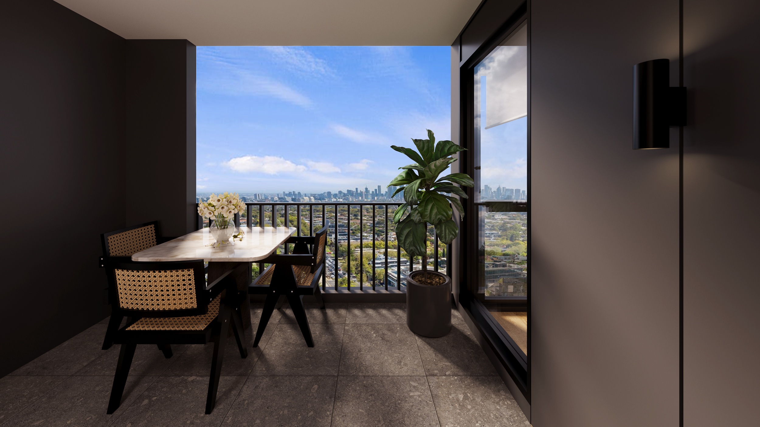 Accessible balcony in Multiple SDA apartments in Malvern with SIL supports, featuring dining set, city views, and secure railing, part of Australia’s leading disability accommodation provider.